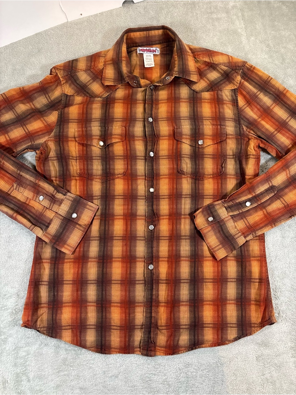 Red Squad Orange & Brown Plaid Western Pearl Snap Button Up Shirt - Size XL